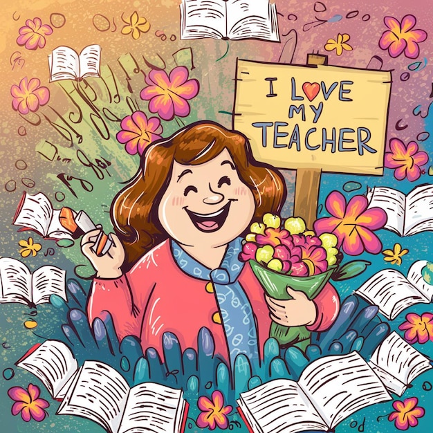 kreskówka dziewczyny z napisem "Kocham swojego nauczyciela"