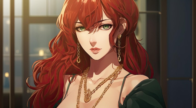 kreskówka kobiety z długimi czerwonymi włosami i złotymi biżuteriami