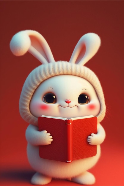 Kreskówka króliczek czyta książkę w generatywnym śniegu ai