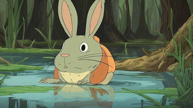 Kreskówka królika z plecakiem idzie przez las