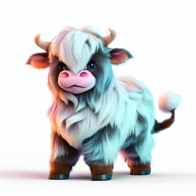 Kreskówka krowa z białą twarzą i niebieskim nosem.