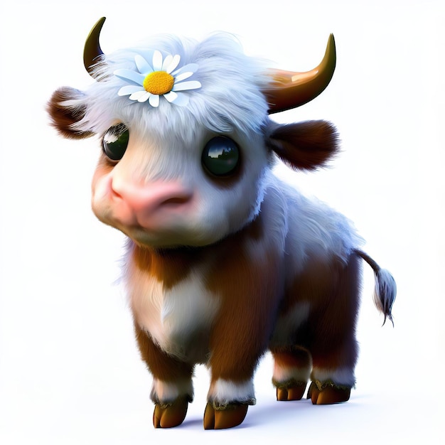 Kreskówka krowa z białym kwiatkiem na głowie