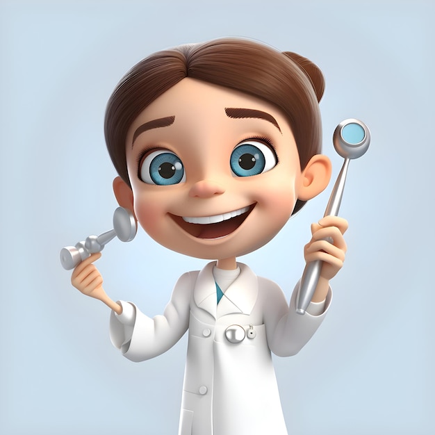 Kreskówka lekarz z narzędziami dentystycznymi na niebieskim tle renderowania 3d