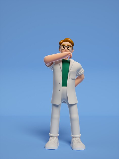 Zdjęcie kreskówka lekarza w okularach i zielonej koszuli stoi przed niebieskim tłem.