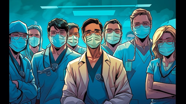 Kreskówka lekarzy noszących maski i maski
