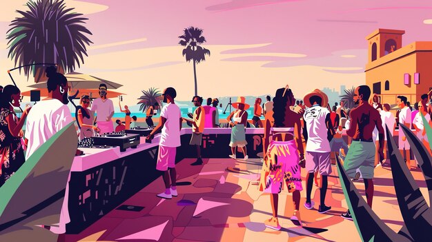 kreskówka ludzi w barze na plaży z numerem 3 na tyłach