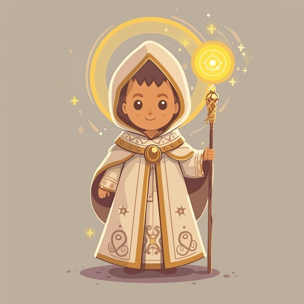 kreskówka małego chłopca trzymającego krucyfiks z gwiazdą na tle