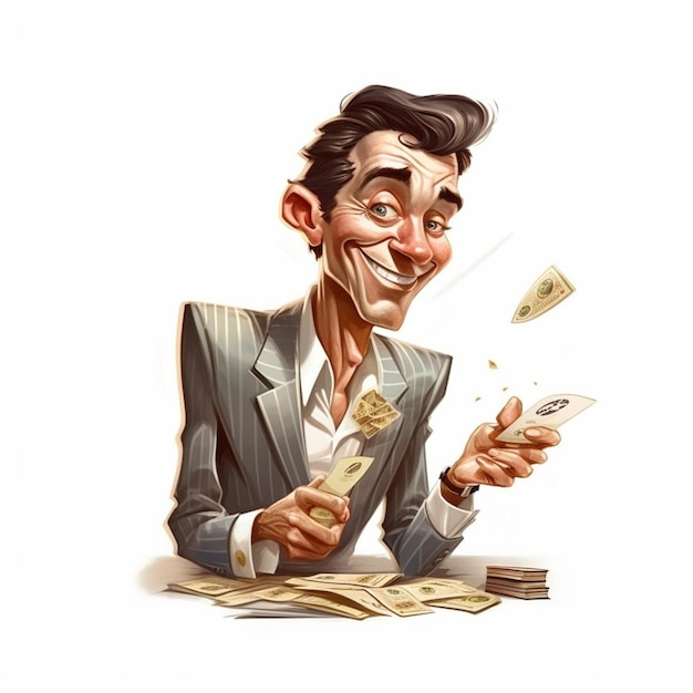 kreskówka mężczyzny w garniturze trzymającego telefon komórkowy i generującą pieniądze sztuczną inteligencję