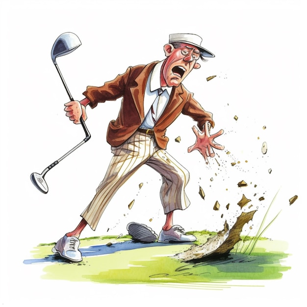 Kreskówka mężczyzny z kijem golfowym i generatywną piłką golfową ai