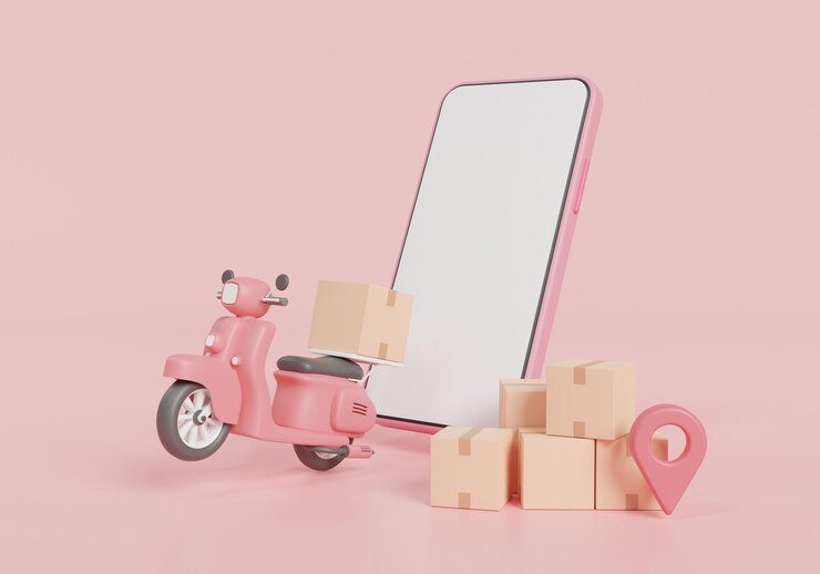Zdjęcie kreskówka minimalny pakiet szybkiej dostawy online przez skuter za pośrednictwem telefonu komórkowego zamówienie online aplikacja do wysyłki online inteligentna dostawa logistyczna ekspresowa ikona 3d minimalna ilustracja renderowania