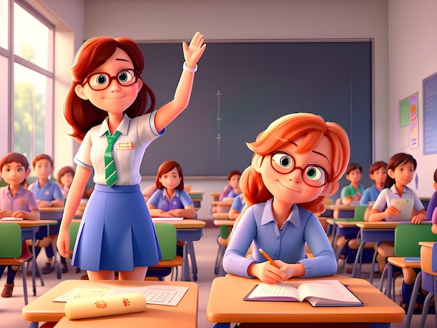 kreskówka nauczyciela z okularami i dziewczyny w klasie z innymi uczniami na tle