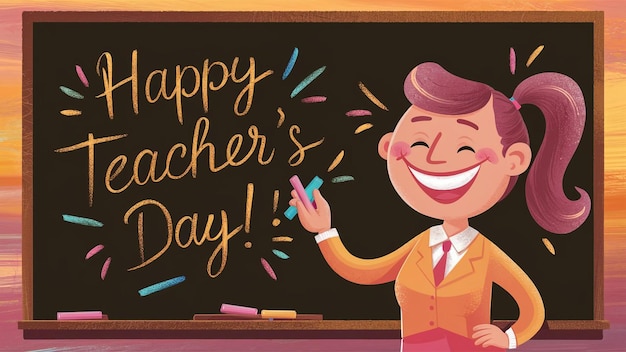 kreskówka nauczyciela z szczęśliwym dniem napisanym na tablicy