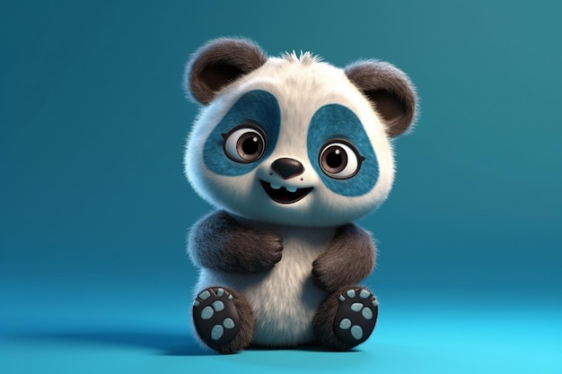 Kreskówka panda siedzi na niebieskim tle renderowania 3d