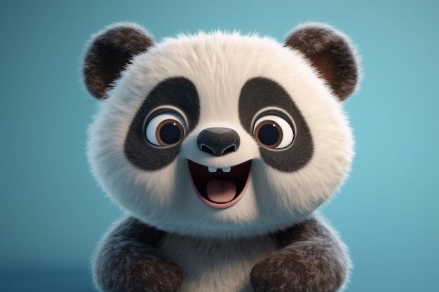 Kreskówka panda siedzi na niebieskim tle renderowania 3d