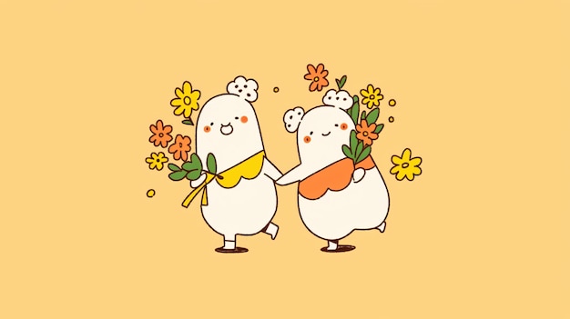 kreskówka para ma na sobie krótkie rękawy i trzyma kwiaty żółte tło