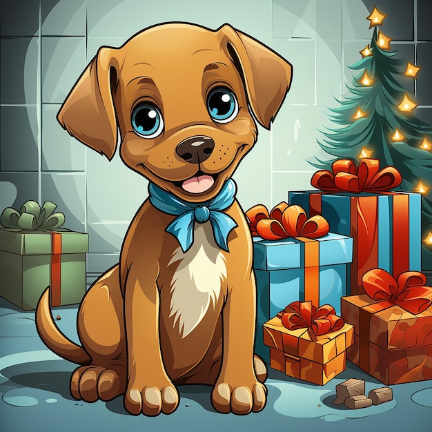 Kreskówka pies z błyszczącym tłem prezentu świątecznego