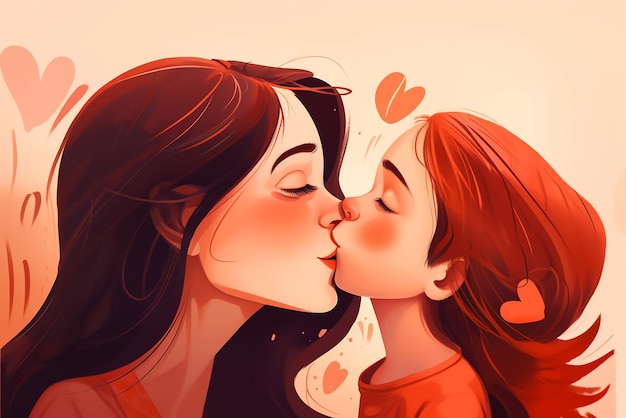 Kreskówka przedstawiająca całującą się matkę i córkę.
