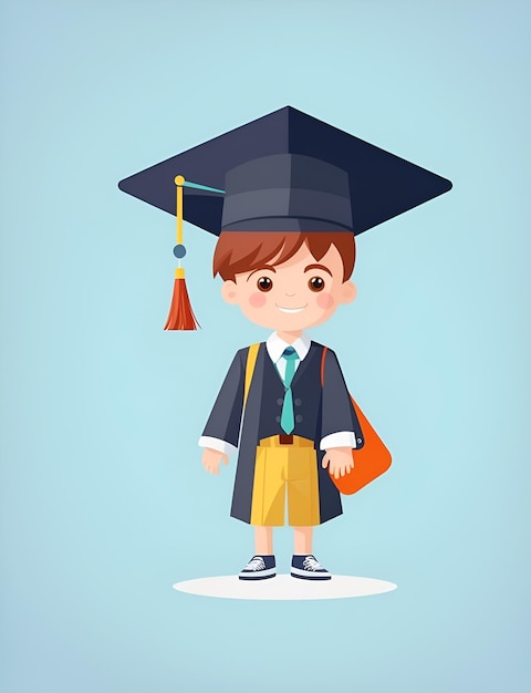 Kreskówka przedstawiająca chłopca w czapce ukończenia szkoły i dyplomie