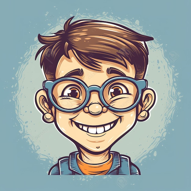 Kreskówka przedstawiająca chłopca w okularach i niebieską koszulę z napisem „wszystkiego najlepszego”.