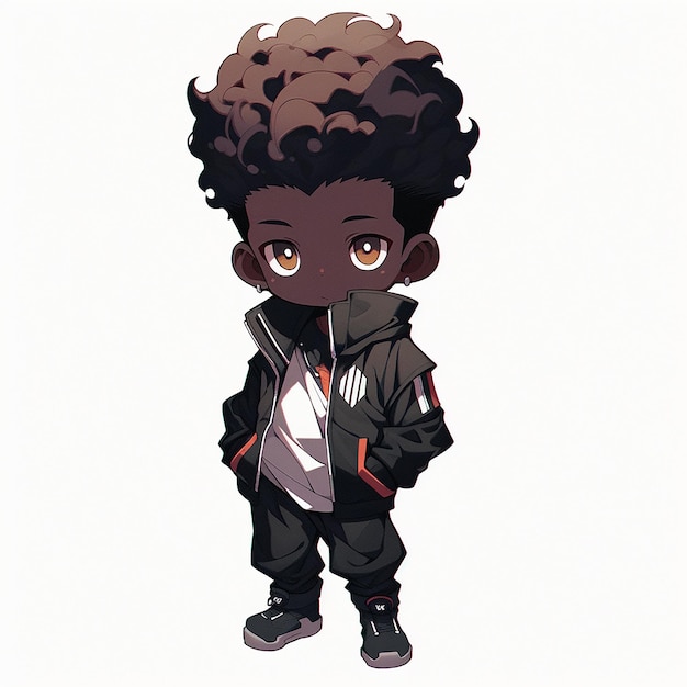 Kreskówka przedstawiająca chłopca z kręconymi włosami i kurtką z napisem „słowo czarny”