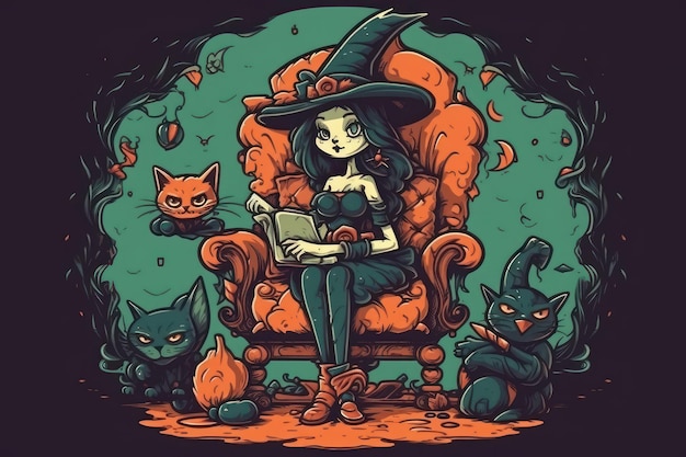 Kreskówka przedstawiająca czarownicę siedzącą na tronie Ilustracja Halloween