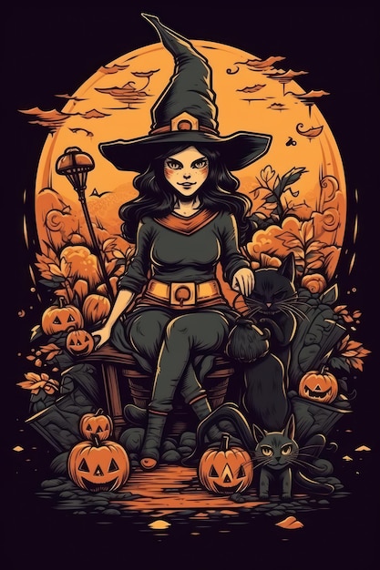 Kreskówka przedstawiająca czarownicę siedzącą na tronie Ilustracja Halloween