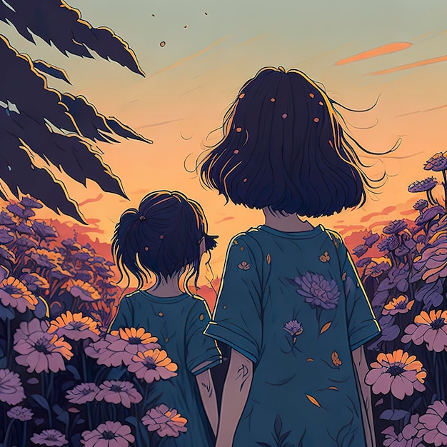 Kreskówka przedstawiająca dwie dziewczyny na polu kwiatów