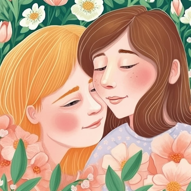Kreskówka przedstawiająca dwie dziewczyny na polu kwiatów