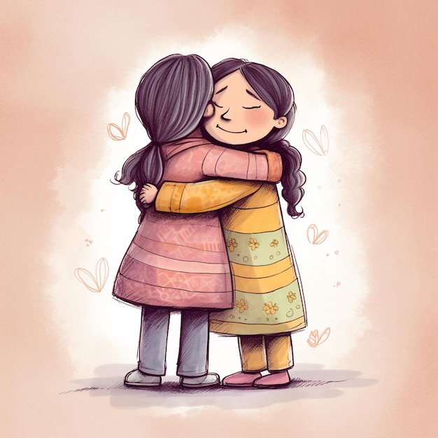 Kreskówka przedstawiająca dwie przytulające się dziewczyny.