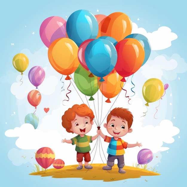 Kreskówka przedstawiająca dwóch chłopców trzymających balony z napisem wszystkiego najlepszego z okazji urodzin.
