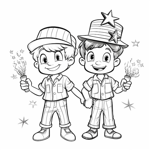 Kreskówka przedstawiająca dwóch chłopców trzymających zimne ognie.