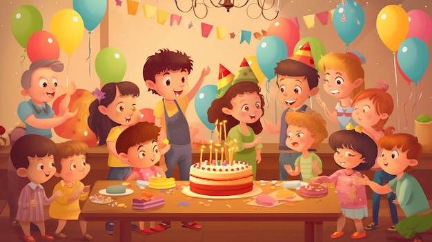 Kreskówka przedstawiająca dzieci świętujące urodziny z tortem i czapeczkami.