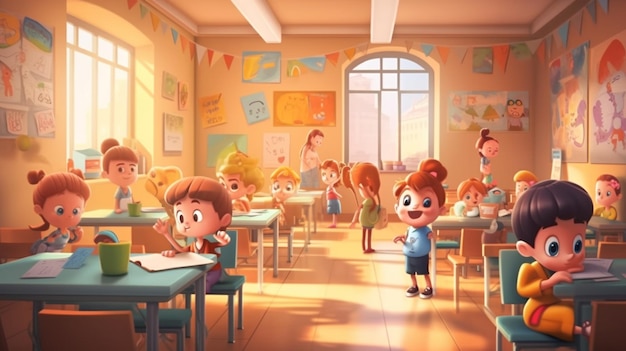 Kreskówka przedstawiająca dzieci w klasie z nauczycielem przed nimi.