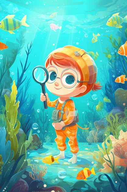 Kreskówka przedstawiająca dziecko z lupą patrzące na ryby w morzu.