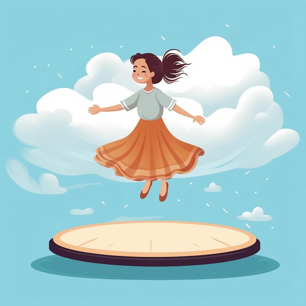 Kreskówka przedstawiająca dziewczynę skaczącą na trampolinie.
