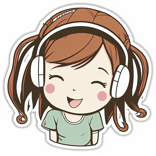 Kreskówka przedstawiająca dziewczynę w zielonej koszuli ze słuchawkami w uszach.