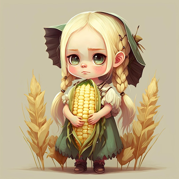 Kreskówka przedstawiająca dziewczynkę trzymającą kolbę kukurydzy