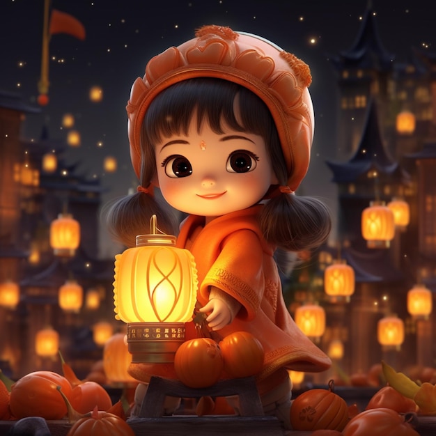 Kreskówka przedstawiająca dziewczynkę trzymającą latarnię z napisem „dynie”.