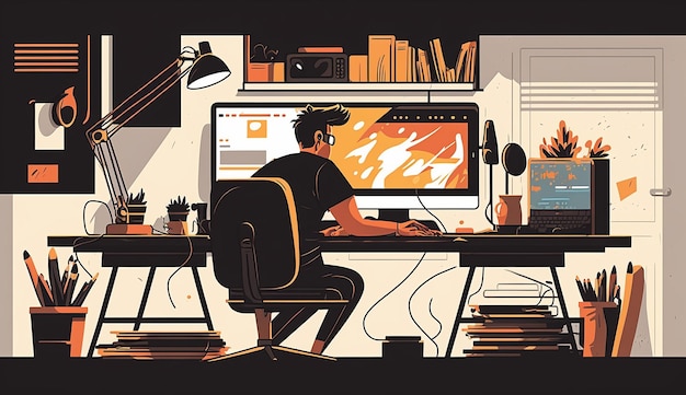 Kreskówka przedstawiająca grafika pracującego na komputerze ilustruje obraz generatywny Ai