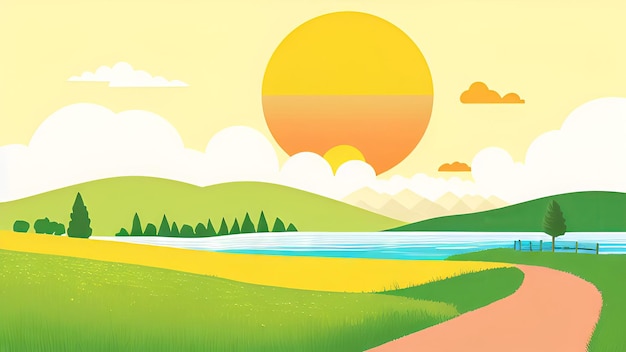 Kreskówka przedstawiająca jezioro z zachodem słońca i zielone pole z górą w tle.