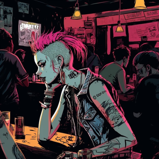 Kreskówka przedstawiająca kobietę z punkową fryzurą i tabliczką z napisem „dziewczyna z baru”