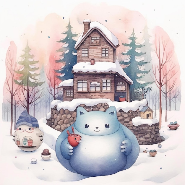 Kreskówka przedstawiająca kota w śnieżnym krajobrazie z domem w tle.