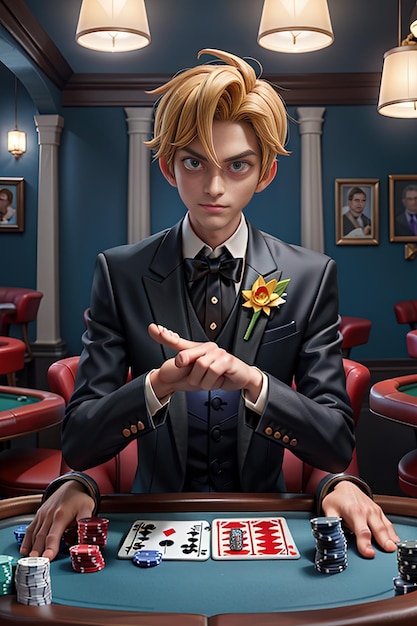 kreskówka przedstawiająca mężczyznę grającego w pokera z kartą, na której jest napisane, że gra w pokera.