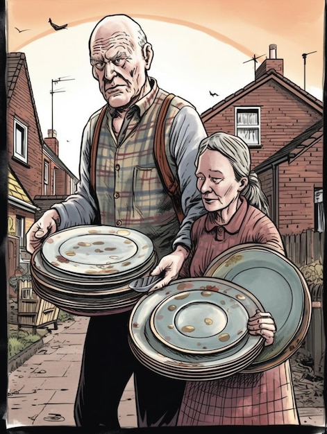 Kreskówka przedstawiająca mężczyznę i kobietę trzymających talerze przed domem.