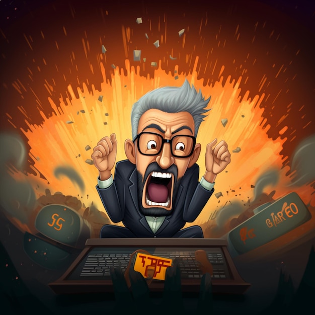 Kreskówka przedstawiająca mężczyznę z klawiaturą komputera z numerem 7.