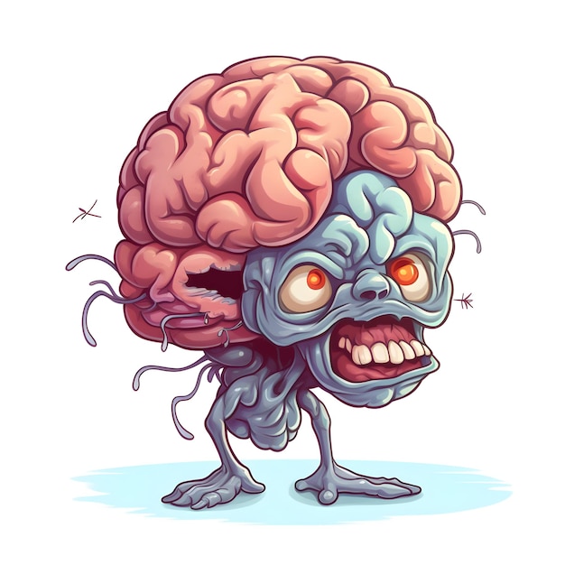 Kreskówka przedstawiająca mózg z twarzą zombie.