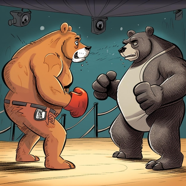 Kreskówka przedstawiająca niedźwiedzia i niedźwiedzia na ringu bokserskim