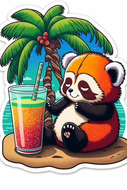 Kreskówka przedstawiająca pandę pijącą szklankę soku pomarańczowego.