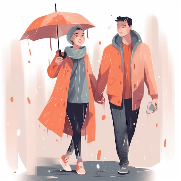 Kreskówka przedstawiająca parę spacerującą w deszczu trzymającą się za ręce.