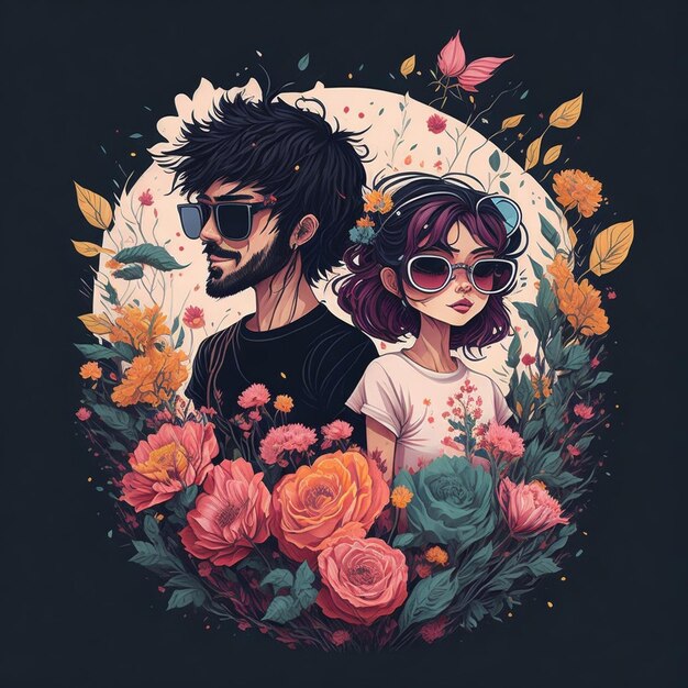 Kreskówka przedstawiająca parę w ogrodzie kwiatowym